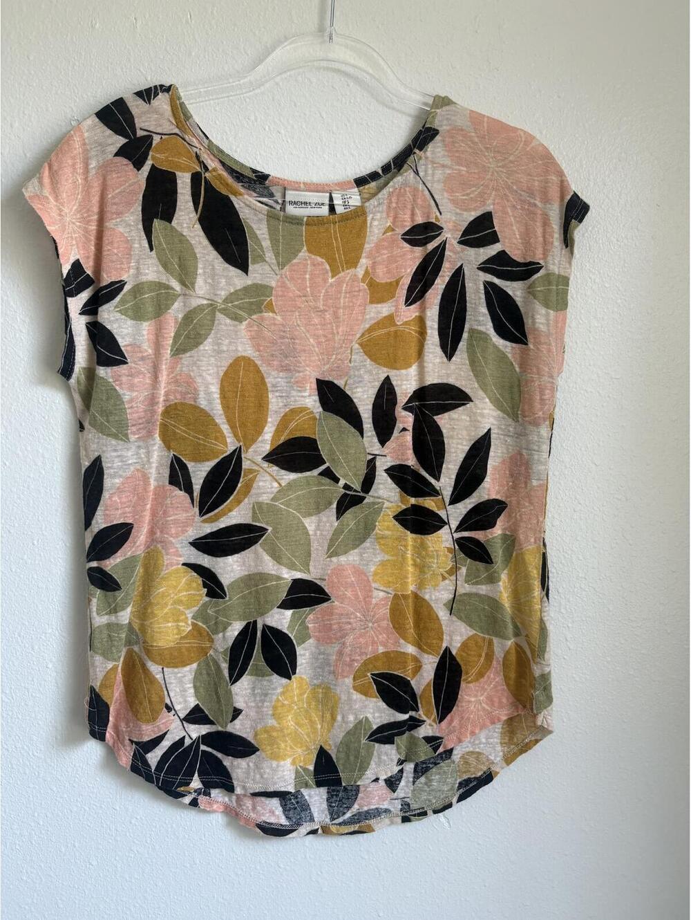 Rachel Zoe | 100% Linen Cap Sleeve Top Black Peach Camel Beige Floral Top Size S